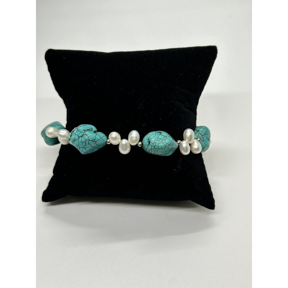 Fresh Water Pearl & Turquoise Colored Gemstone Necklace Bracelet Earring Set - Picture 3 of 6